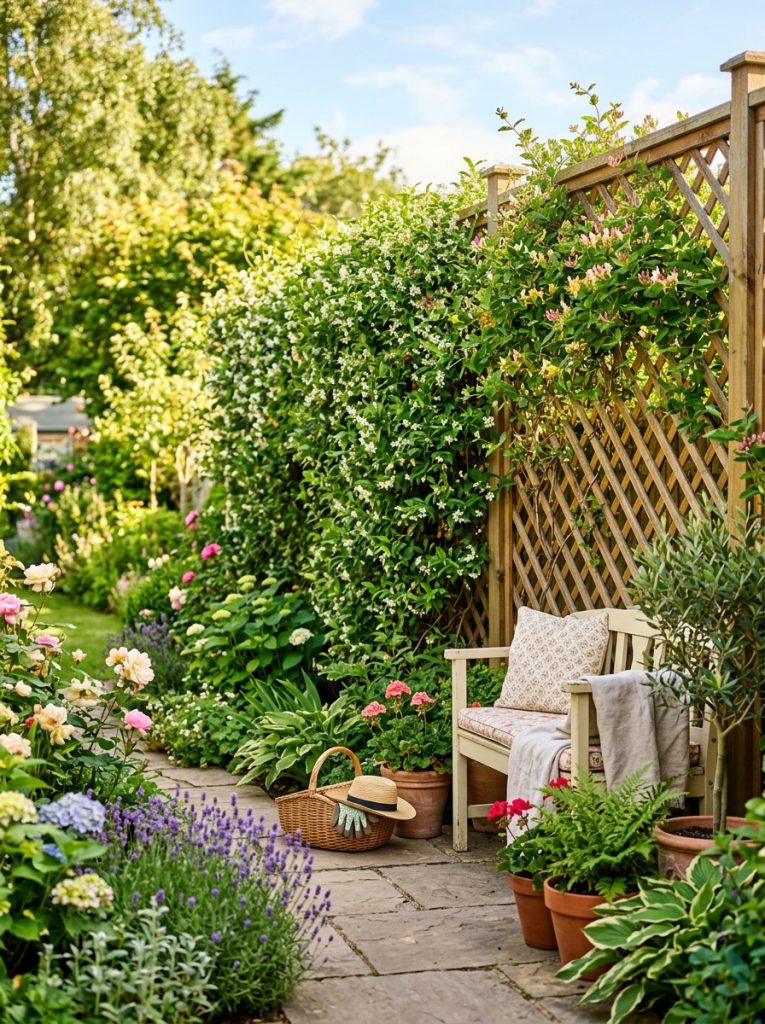 Beautiful privacy lattice fence with dense climbing plants through grid creating complete natural privacy in bright sunny garden