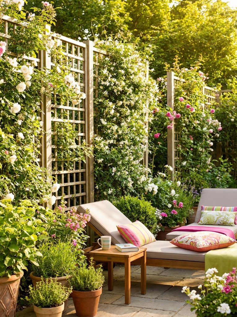 Beautiful privacy screen trellis with tall panels and dense climbing plants creating natural privacy in sunny garden 