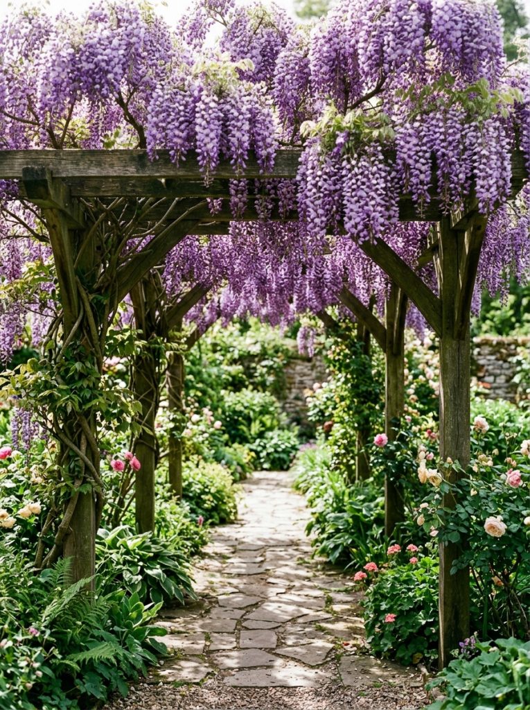 Purple wisteria vine growing across wooden frame creating natural floral shade canopy