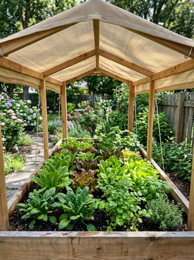 Raised garden bed enclosure with shade cloth cover protecting lettuce spinach and herbs below