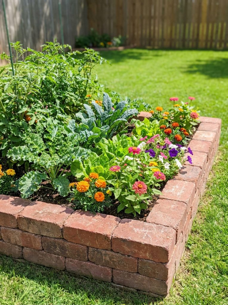  Beautiful raised garden bed with stacked brick edging walls filled with vegetables and colorful flowers in sunny yard 