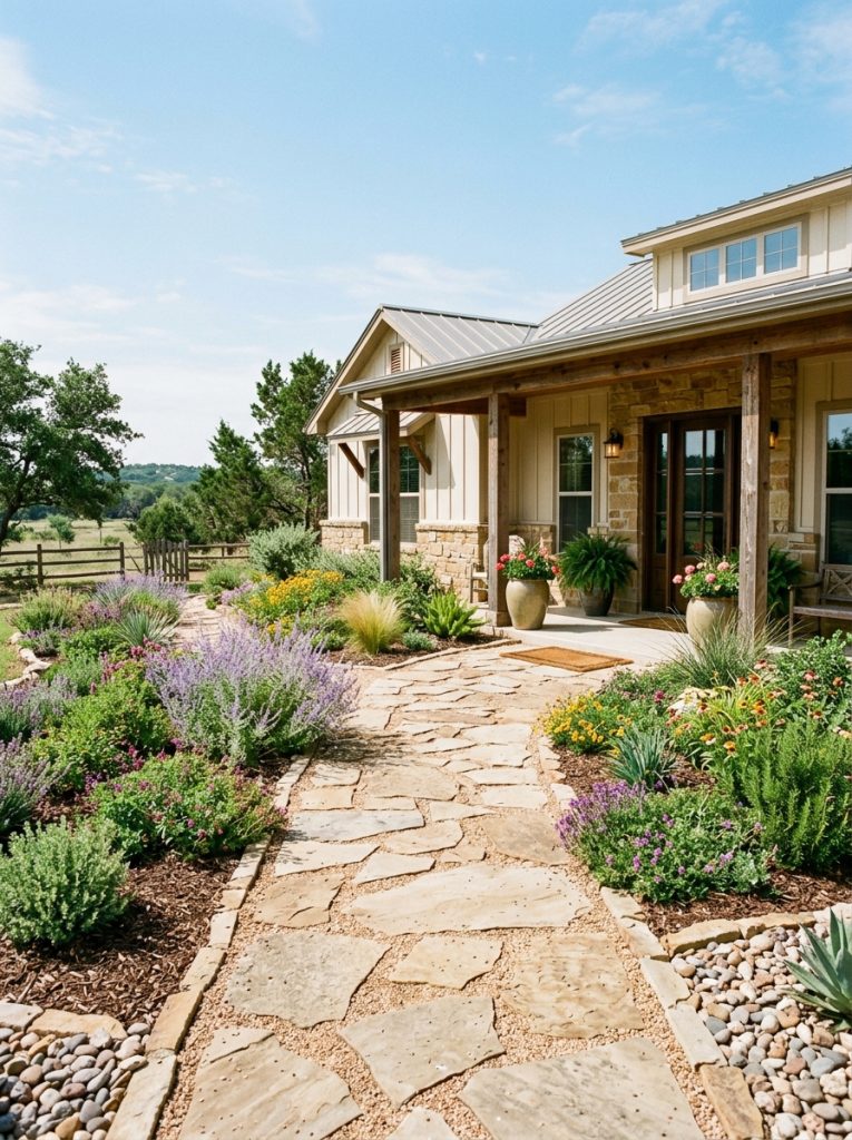  Beautiful ranch style front walkway landscaping with wide natural stone path native plants and low shrubs in sunny open setting