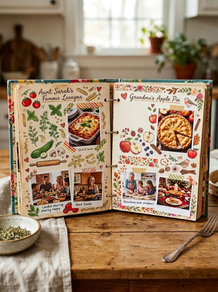 Beautiful recipe scrapbook family cookbook with handwritten recipes finished dish photos family food memories and food-themed decorations