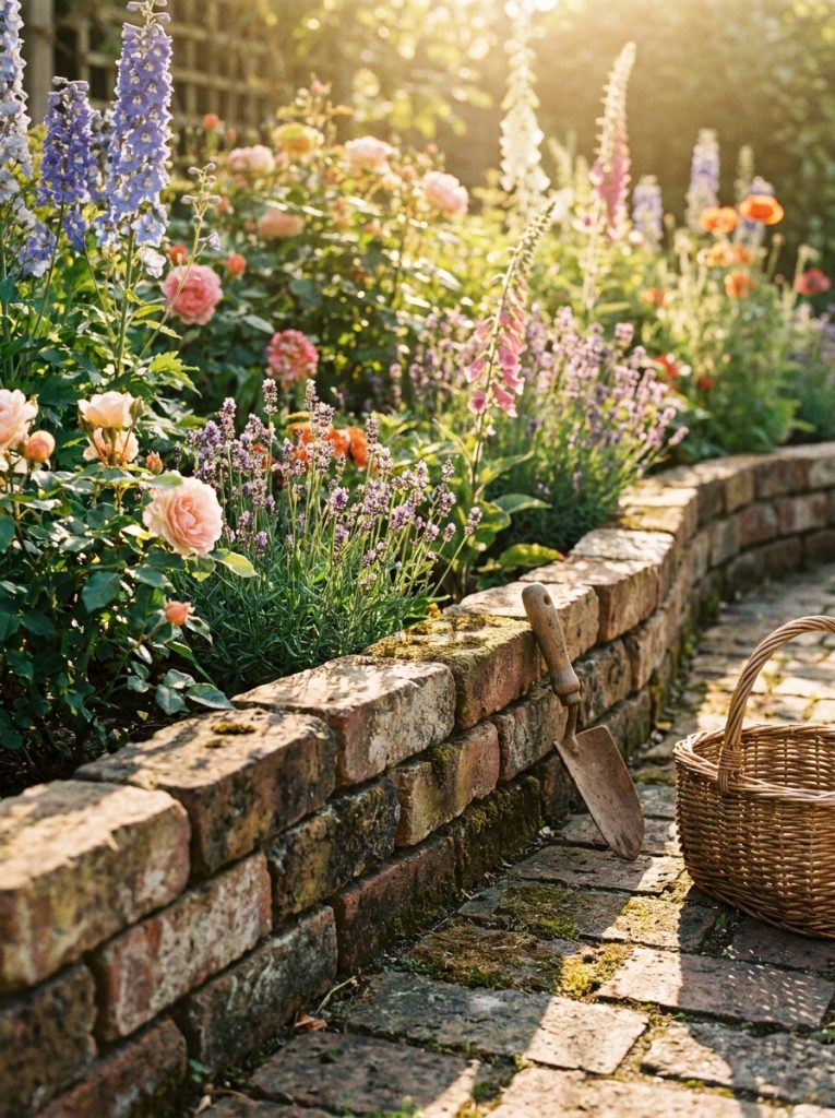  Beautiful reclaimed brick landscape edging with weathered vintage bricks creating charming cottage garden border