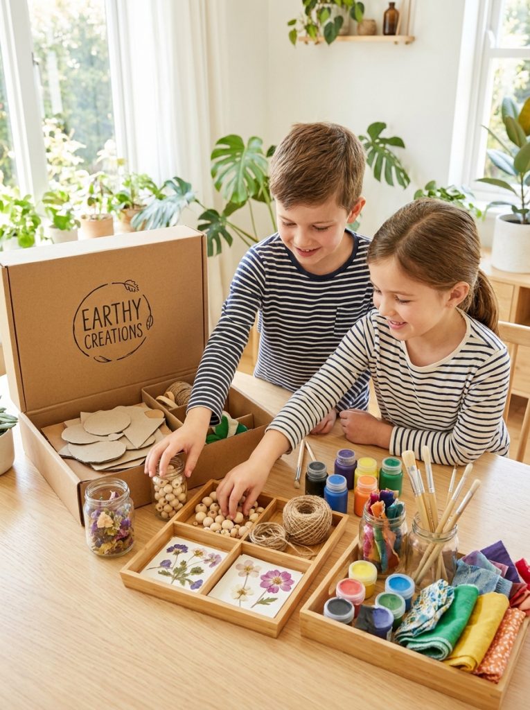 Complete recycled craft kit open on bright craft table with eco friendly materials and kids ready to create