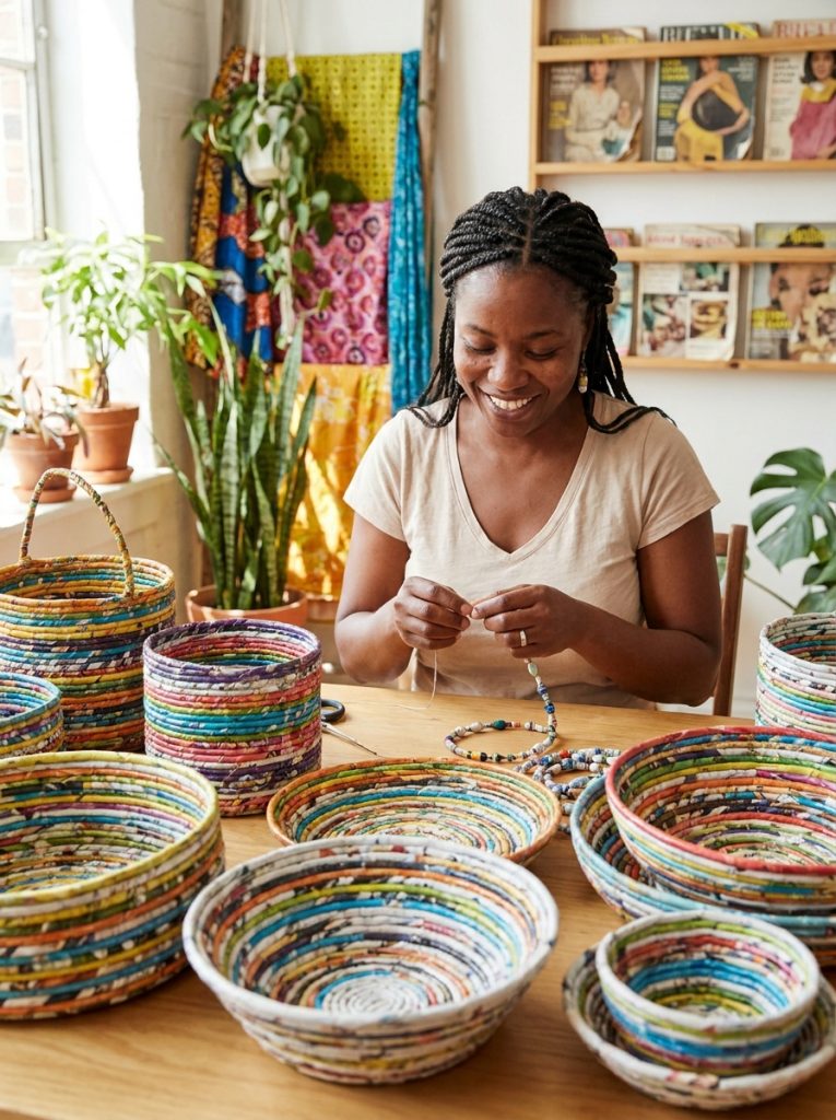  Creative paper crafts from old magazines rolled into paper beads and woven into colorful bowls and baskets