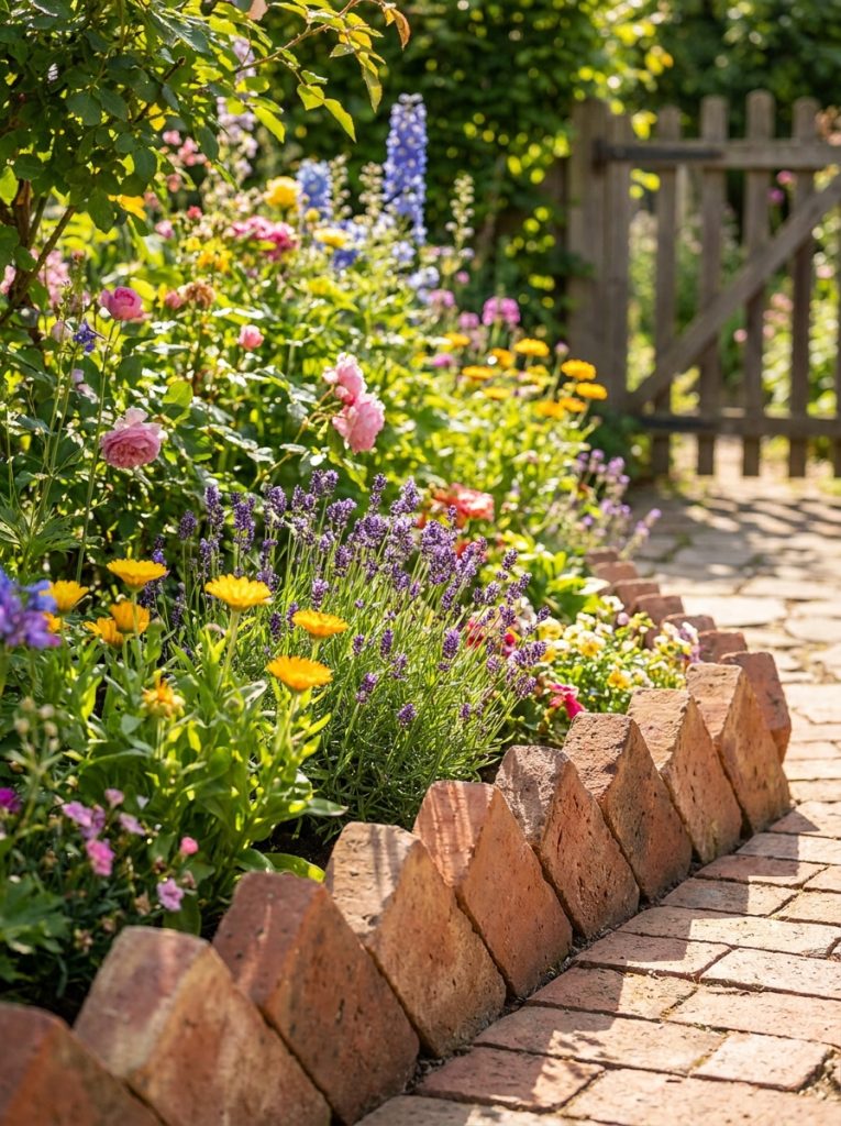  Beautiful red brick landscape edging with warm red bricks laid diagonally creating classic sawtooth pattern in cottage garden