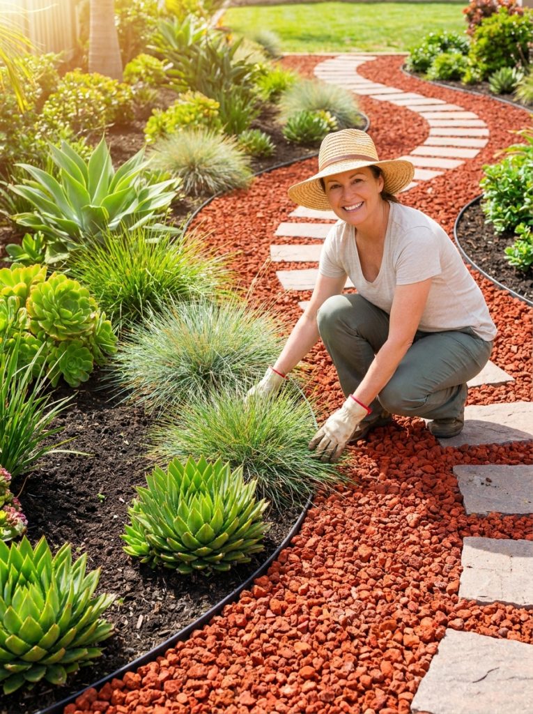 Striking red lava rock landscaping with bright rust-red volcanic rocks as ground cover against green plants in sunny garden