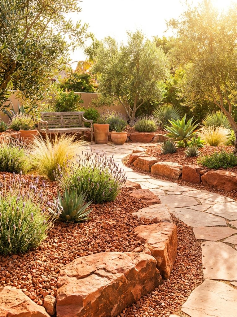 Beautiful warm red rock landscaping with rusty red natural rocks as ground cover and edging in sunny Mediterranean inspired garden