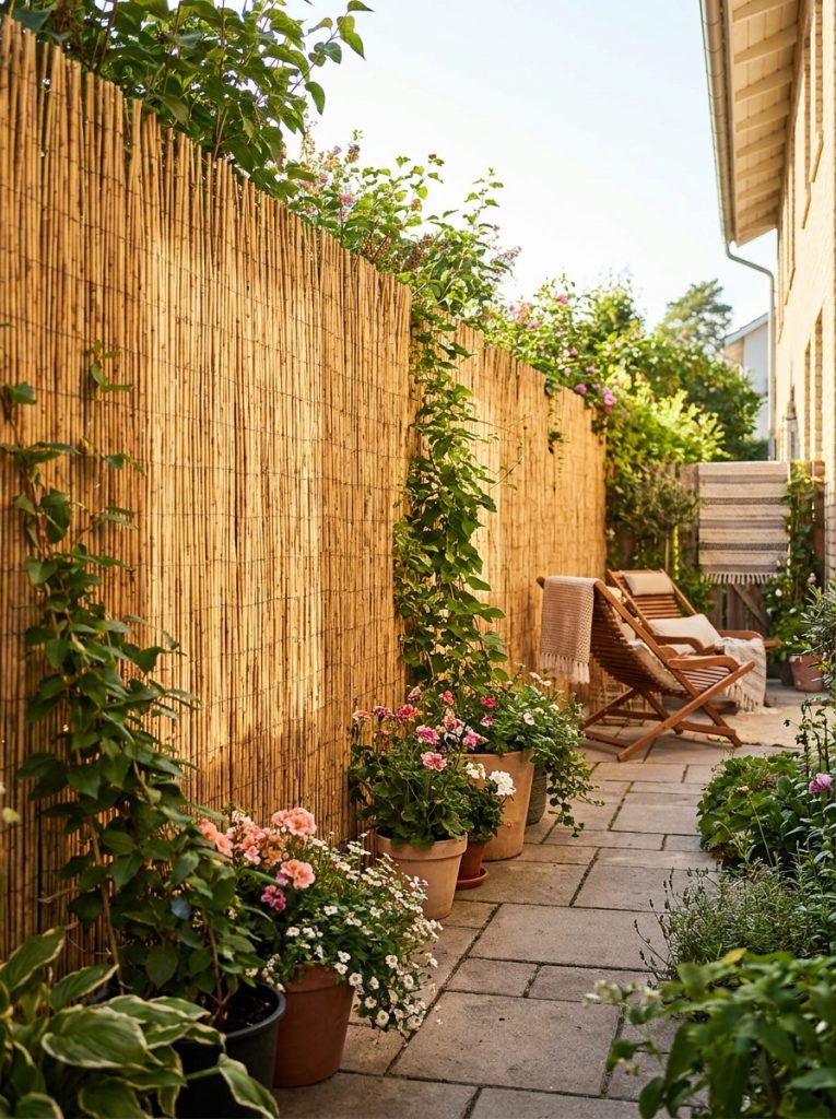 Natural reed fence roll installed along narrow side yard creating complete privacy with warm natural color 