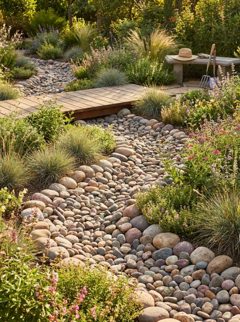 Beautiful river rock dry creek bed with smooth stones in winding formation suggesting water flow through sunny garden