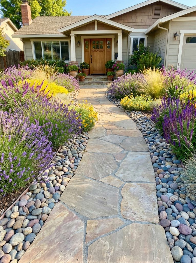 Beautiful river rock front yard landscaping with smooth rocks lining garden path and flowering plants in welcoming entrance