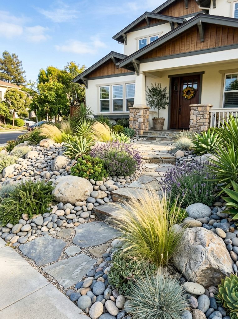  Beautiful large river rock front yard landscaping with substantial smooth rocks as ground cover among drought-tolerant shrubs in sunny setting 