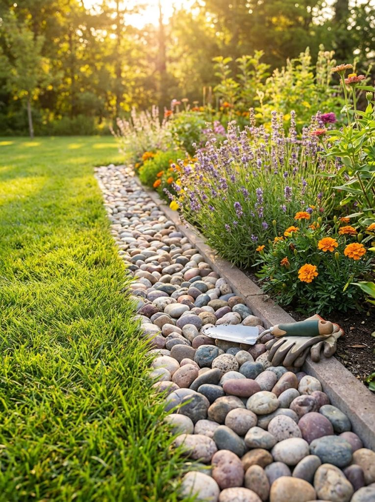 Beautiful river rock garden edging border with smooth stones separating lawn from planted beds creating clean defined edge