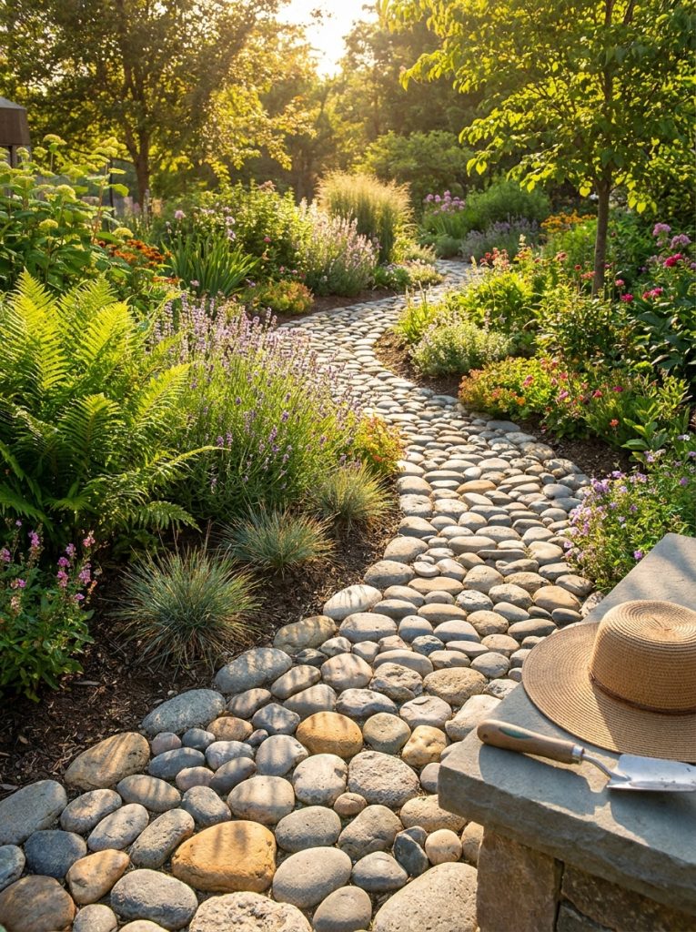 Beautiful river rock garden pathway with smooth rounded rocks creating natural organic path through planted beds in sunny garden