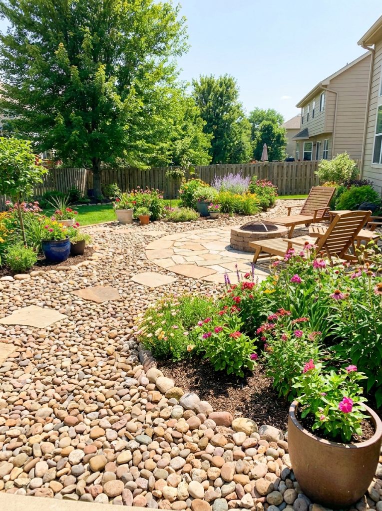  Beautiful river rock garden bed designs with smooth rocks as mulch between plants in clean defined sunny garden beds