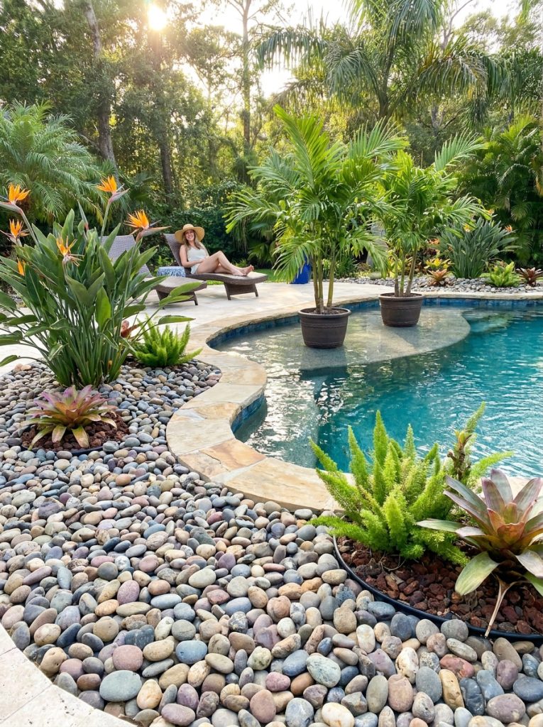 Beautiful river rock landscaping around backyard pool with smooth rocks natural pool surround and tropical plants in sunny garden
