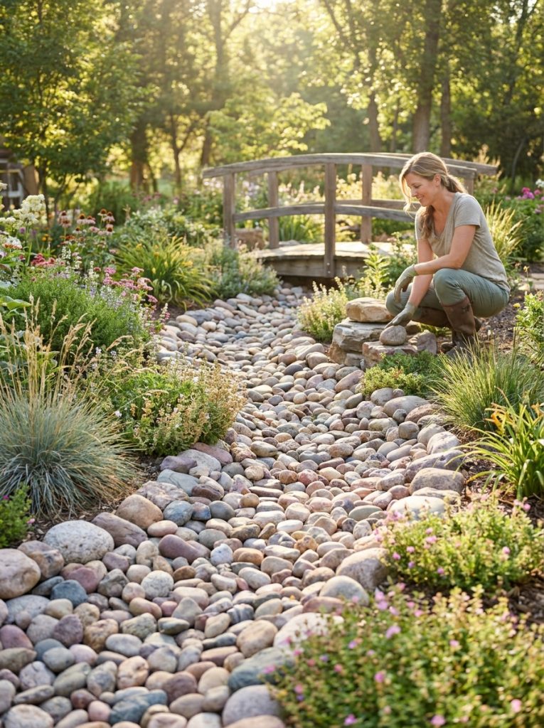 Beautiful river rock landscaping as decorative dry creek bed winding through sunny garden as natural artistic feature