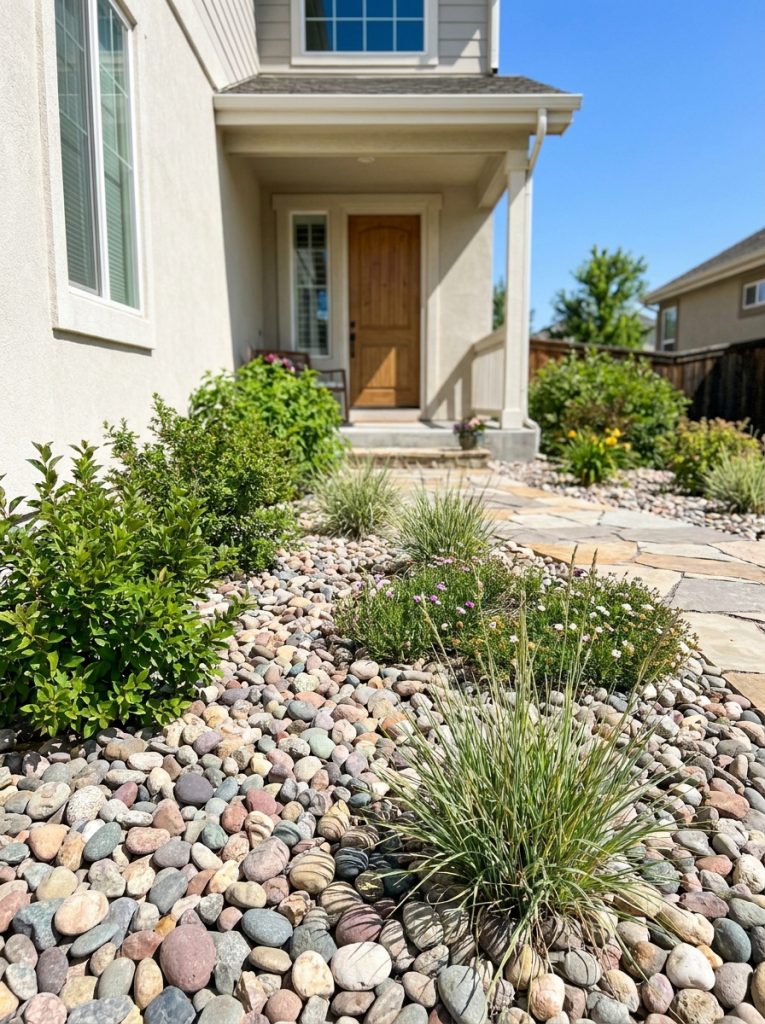 Beautiful river rock landscaping at front of house with smooth rocks in foundation strip and plants emerging in sunny setting 