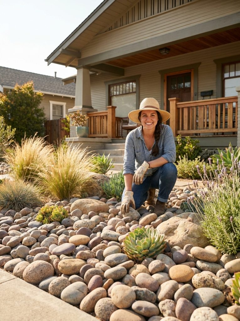 Beautiful large river rock landscaping with substantial smooth rounded rocks as ground cover among drought-tolerant plants in sunny yard