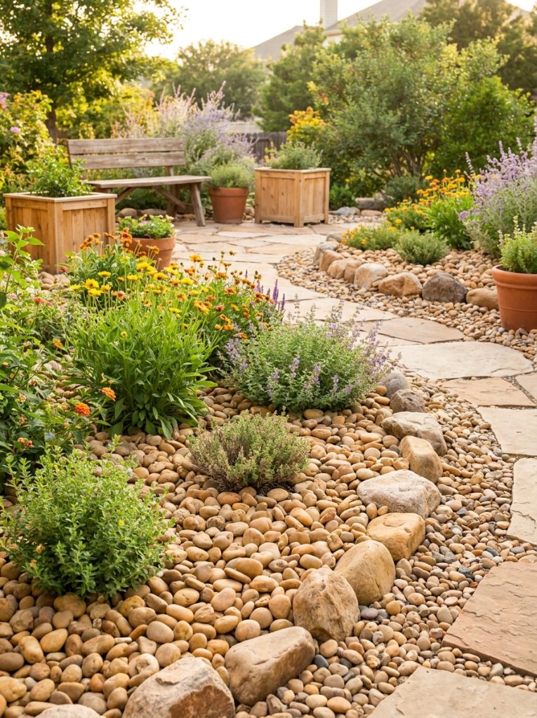  Beautiful warm brown river rock landscaping with honey-brown smooth rocks as ground cover and pathway edging in sunny garden