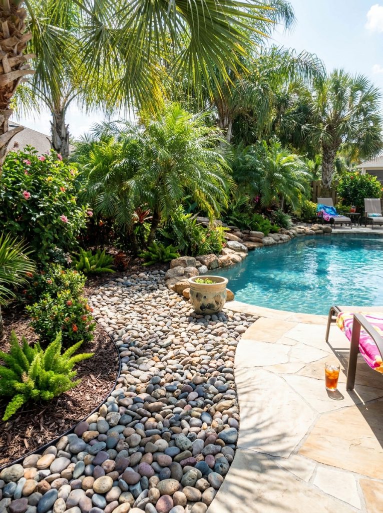  Beautiful river rock landscaping pool area with smooth rocks transitioning between pool deck and tropical planted borders