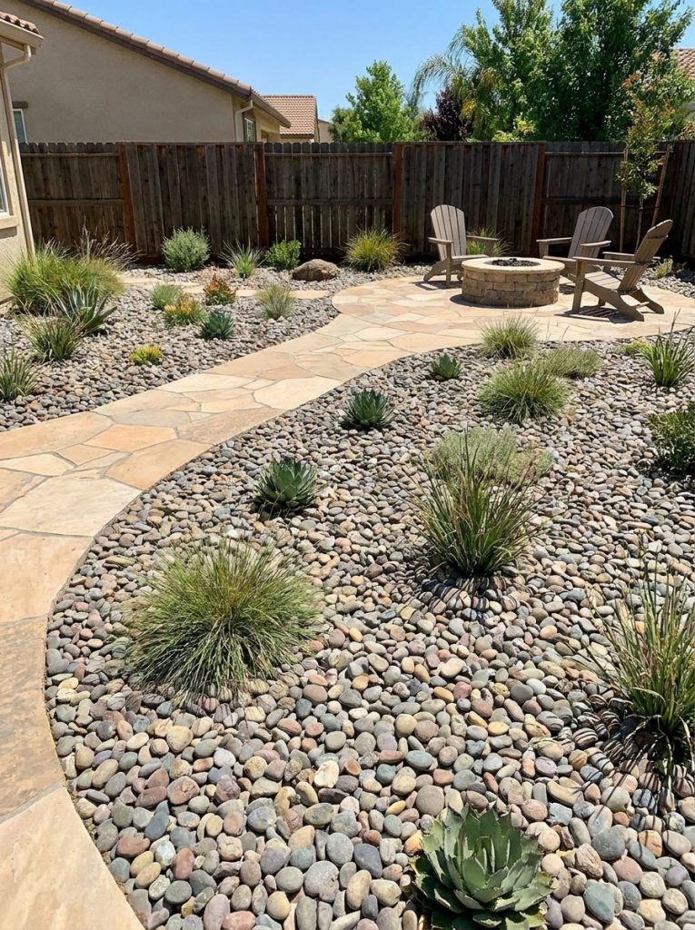 Beautiful river rock landscaping backyard with smooth rocks as ground cover in garden beds pathways and seating area