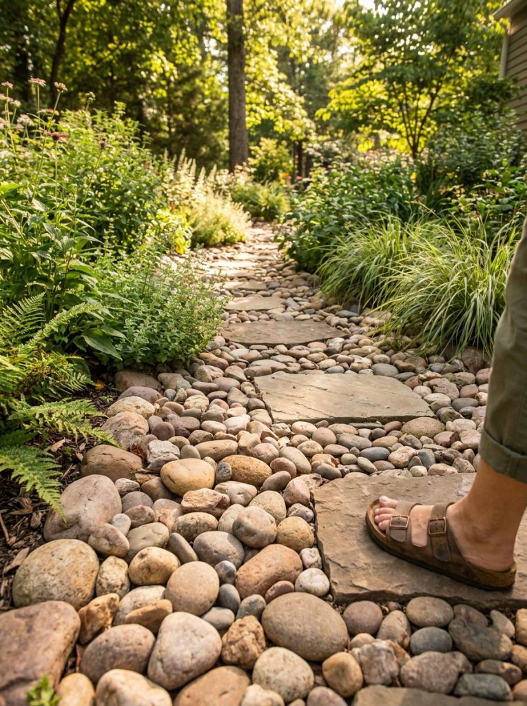 Beautiful river rock pathway with smooth stones creating natural garden path through lush planted beds in sunny garden