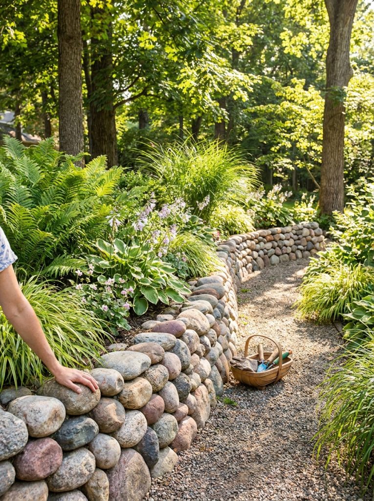 Beautiful river rock retaining wall with smooth rounded stones along garden path with lush green plants