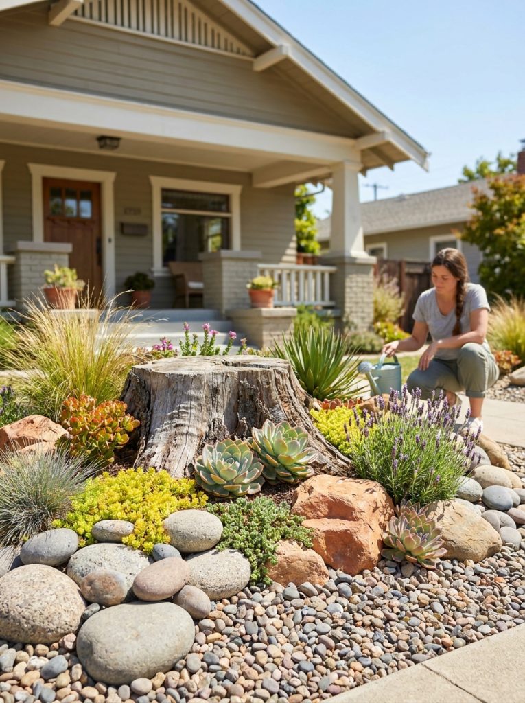 Beautiful rock garden built around tree stump with decorative rocks pebbles and succulents in sunny front yard