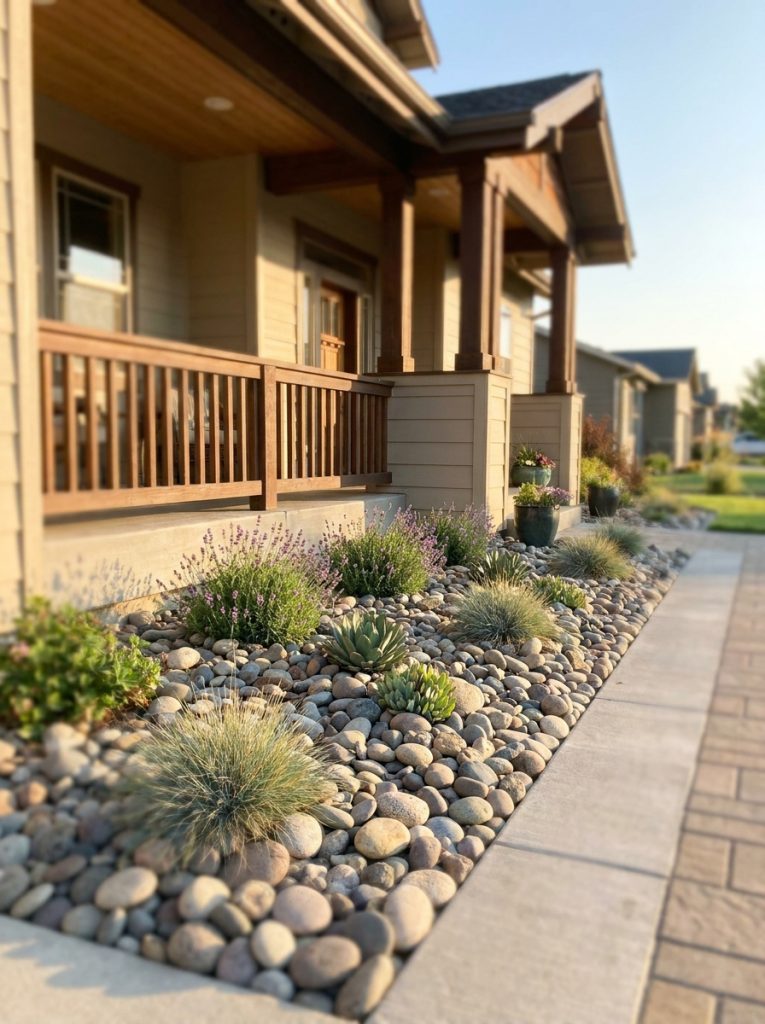 Beautiful simple rock landscaping along front of house with smooth rocks in foundation strip creating tidy professional appearance