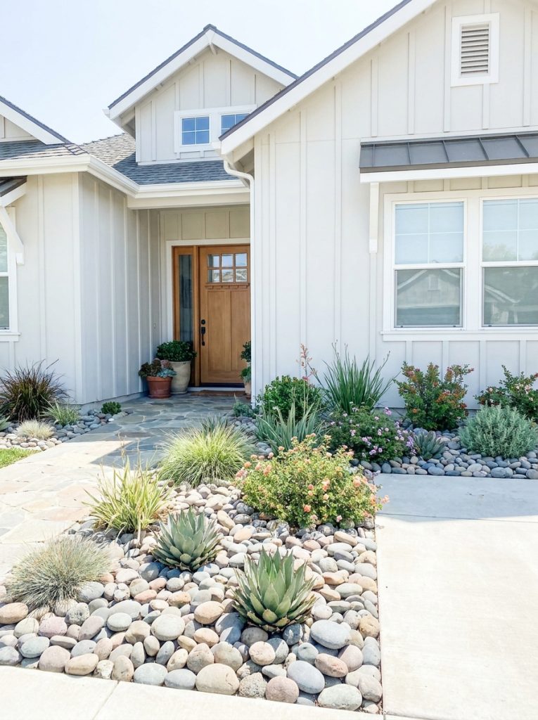 Impressive large rock landscaping in sunny backyard with substantial natural rocks as bold features among plants and grasses