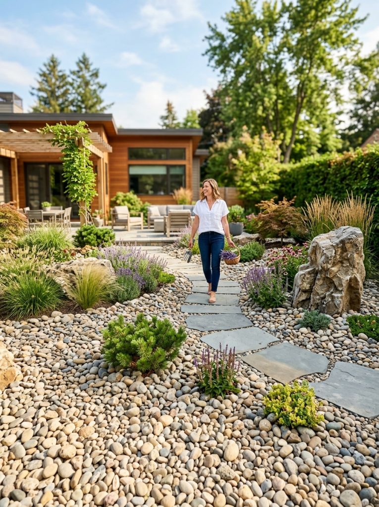  Beautiful rock landscaping covering large backyard area with smooth rocks larger accent stones and defined plant areas in sunny setting