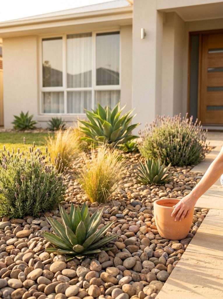 Beautifully simple rock landscaping front yard with smooth rocks ground cover and drought-tolerant plants in clean sunny design