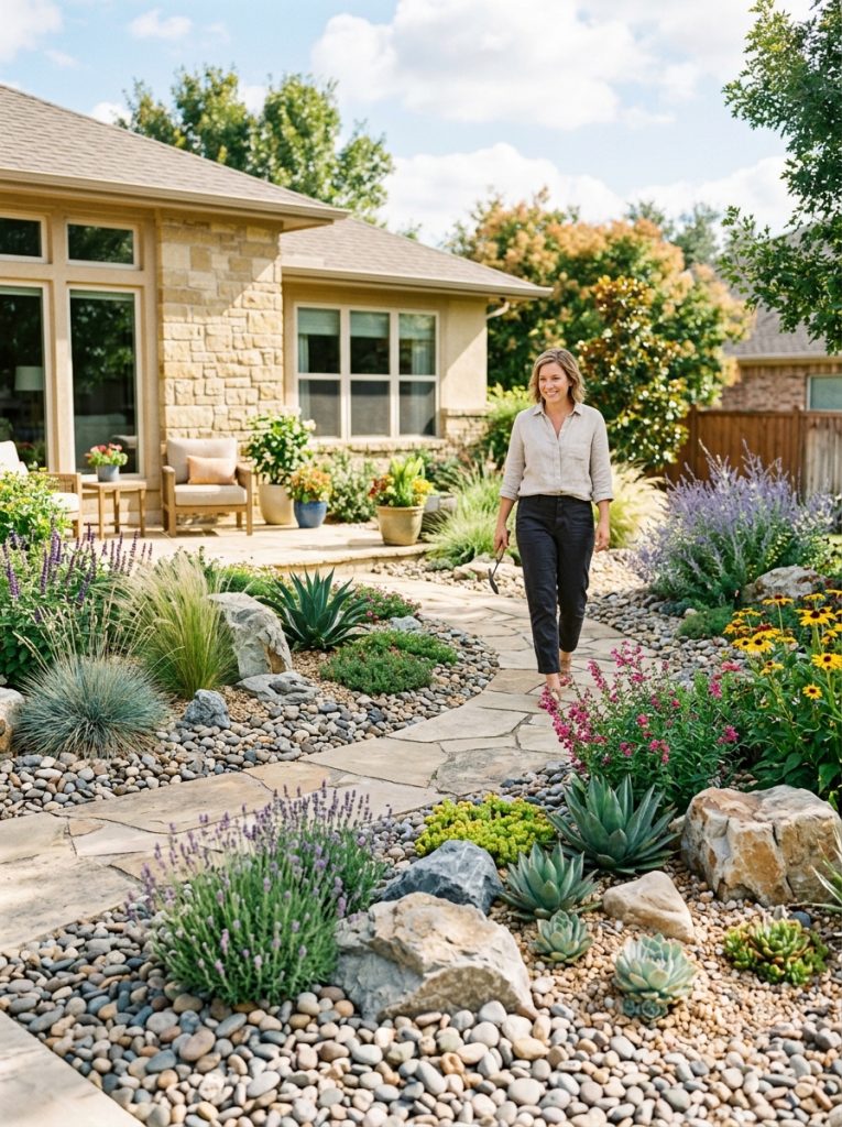 Beautiful low maintenance rock landscaping garden with clean weed-free rock ground cover and carefully placed plants in sunny setting