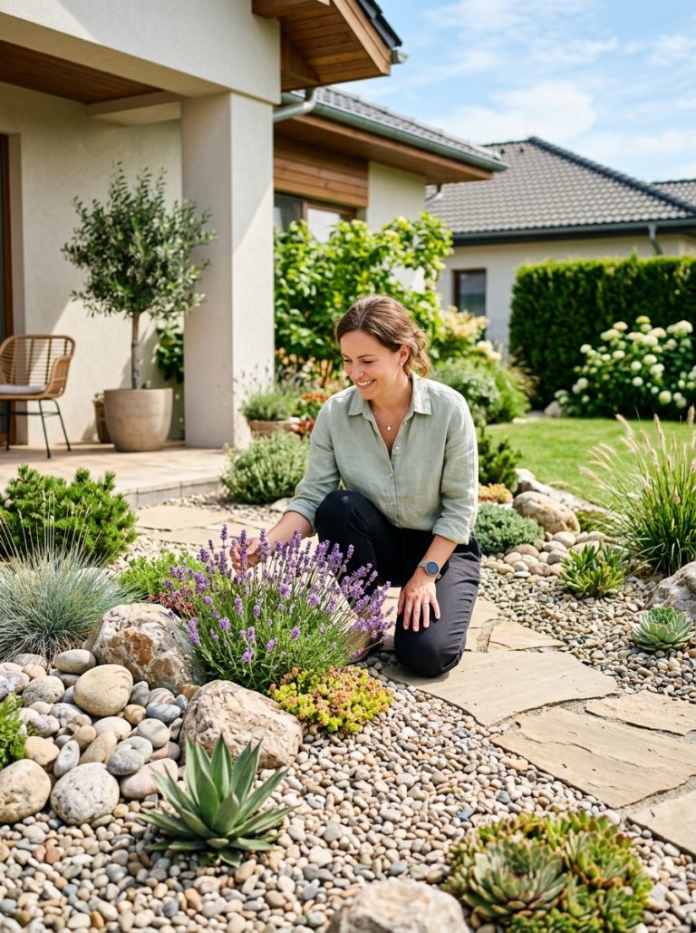 Beautifully landscaped front walkway with stone path flowering plants boxwood shrubs and solar lights leading to house entrance