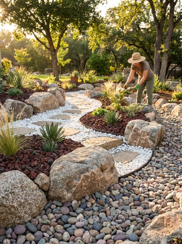 Beautiful rock landscaping garden with smooth river rocks large boulders red lava rock and white decorative rocks in sunny design