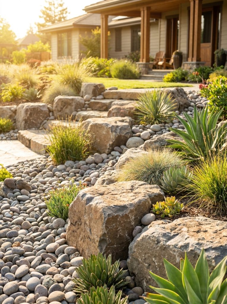  Large area rock landscaping with substantial bull rocks covering generous garden with drought-tolerant plants in sunny design 