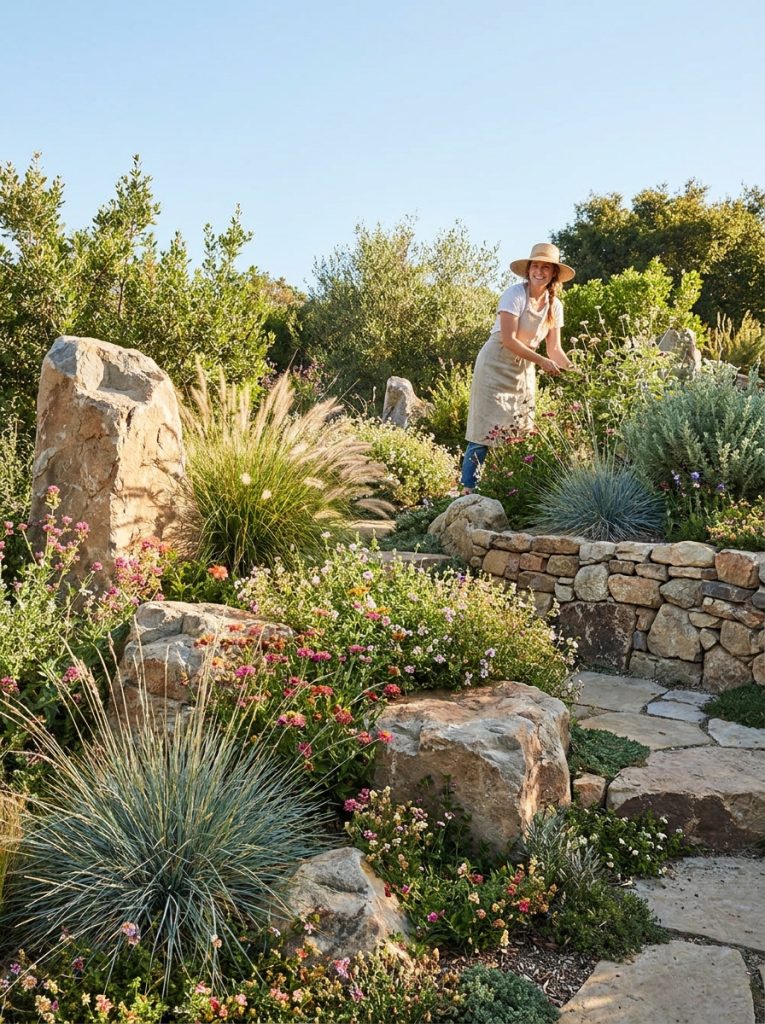  Beautiful simple natural rock landscaping outdoor with organic rock placements among native plants and ornamental grasses in garden 