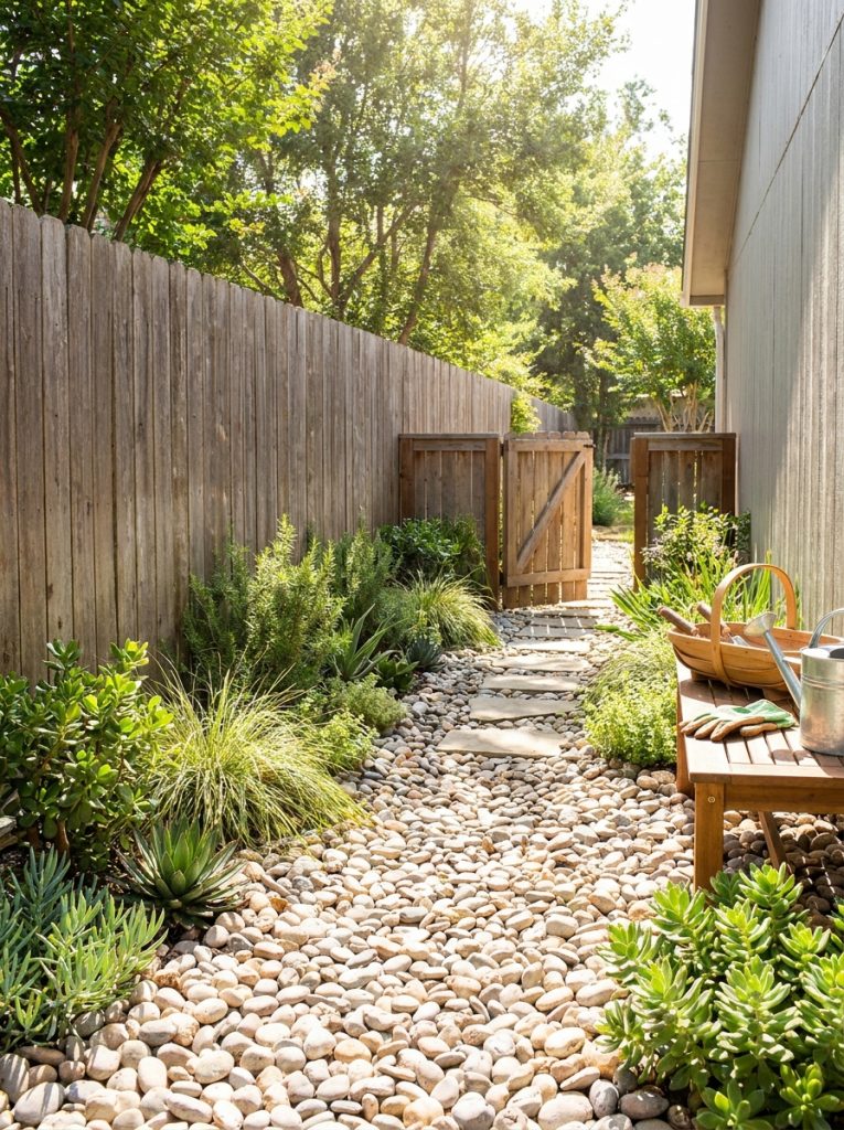 Beautiful simple rock landscaping side yard with smooth rocks over fabric and low plants along fence in sunny garden 