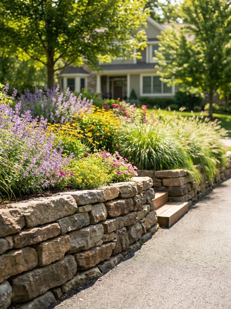 Beautiful natural rock retaining wall along residential driveway holding planted bank with flowers and ornamental grasses