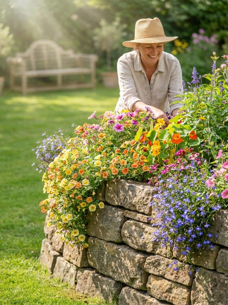 Beautiful natural rock retaining wall flower bed overflowing with bright colorful cascading flowers in sunny garden 