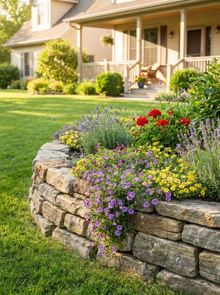 Charming short natural rock retaining wall two or three courses high creating defined front garden border with colorful flowers