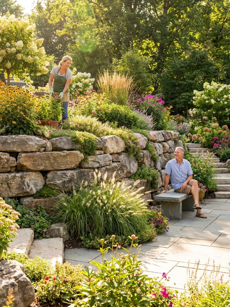 Impressive large natural rock retaining wall holding substantial raised garden area with mature established planting