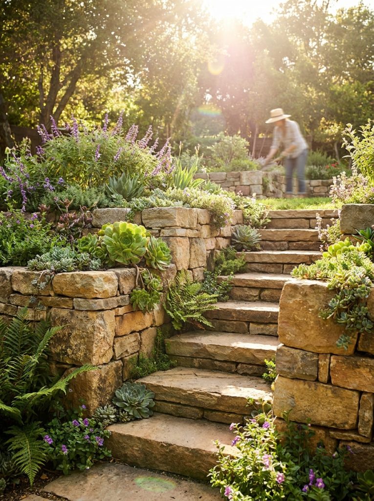 Beautiful natural rock retaining wall with integrated flat stone steps leading between garden levels in sunny garden
