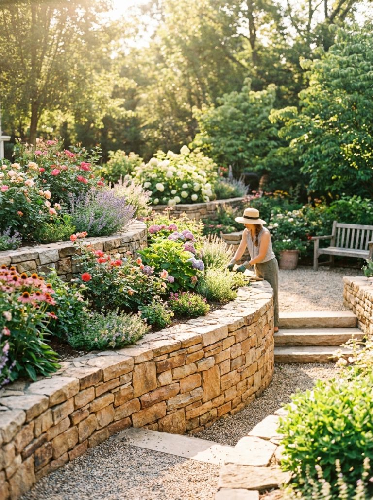 Beautiful natural rock retaining wall with stacked stones holding terraced garden bed of colorful flowers in sunny garden