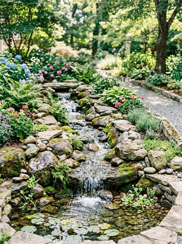  Beautiful rock stone water fountain with natural stones arranged as cascading water feature flowing naturally over rocks in garden
