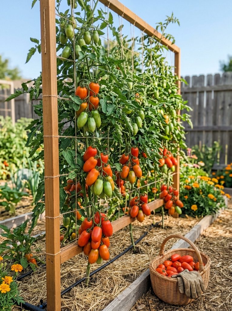 Productive Roma tomato trellis with medium-height supports for Roma paste tomatoes supporting heavy fruit clusters in productive garden