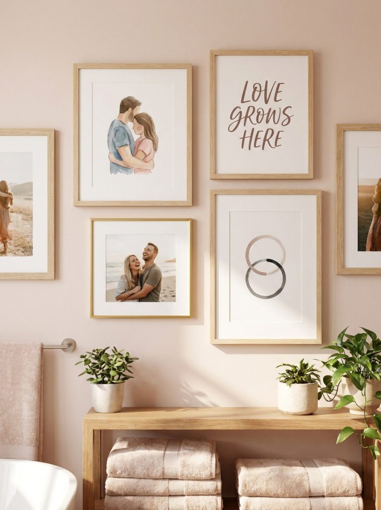 Romantic couples bathroom picture display with meaningful art prints celebrating love in coordinating frames on warm bathroom wall Pin