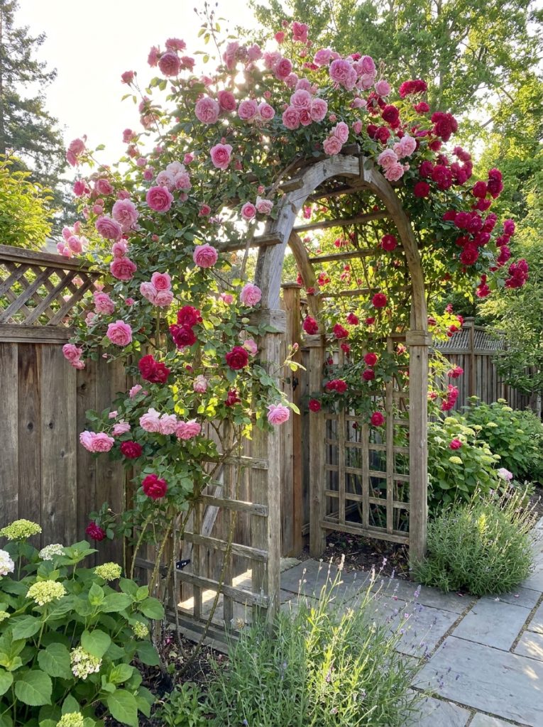 Beautiful rose climbing trellis on garden fence covered in blooming pink and red roses cascading over framework 